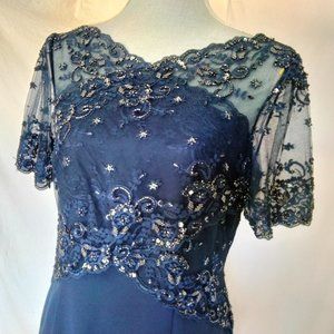 Stunning David Bridal navy blue lace beaded short sleeves MOB maxi dress S8